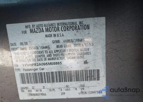 2009 Mazda Mazda6 I Grand Touring from USA, damaged, VIN 1YVHP82A095M05885